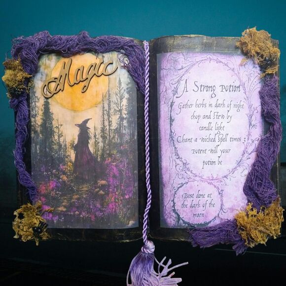 MAGIC Strong Potion Lavender Witch Open Spell Book Decor with Wand - Picture 1 of 7